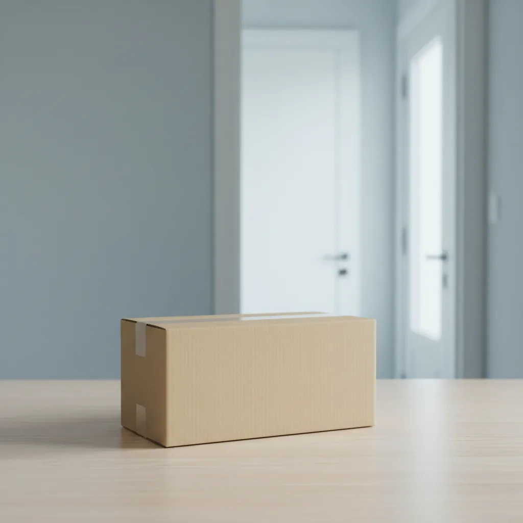 A neat, plain kraft parcel box sitting on a wooden table near a bright hallway door - delivery illustration for KalaCore Daily Care