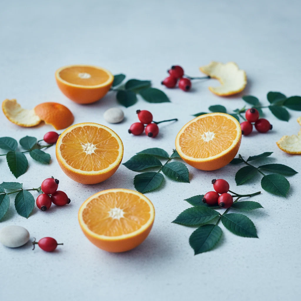 Fresh citrus fruits, green leaves and botanicals arranged on a light stone surface - ingredients scene for KalaCore Daily Care