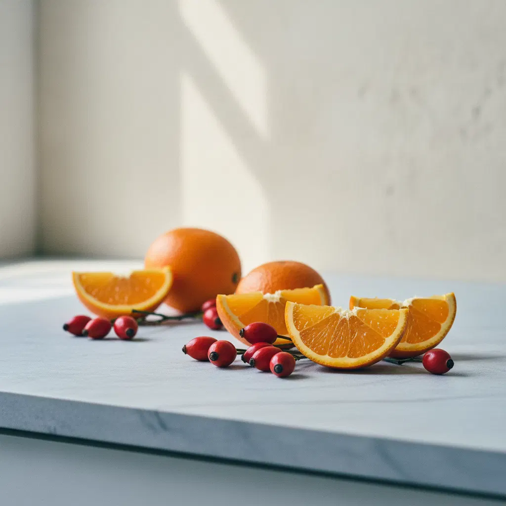 Fresh orange halves and rosehip berries on a light kitchen counter - Vitamin C source for KalaCore Daily Care