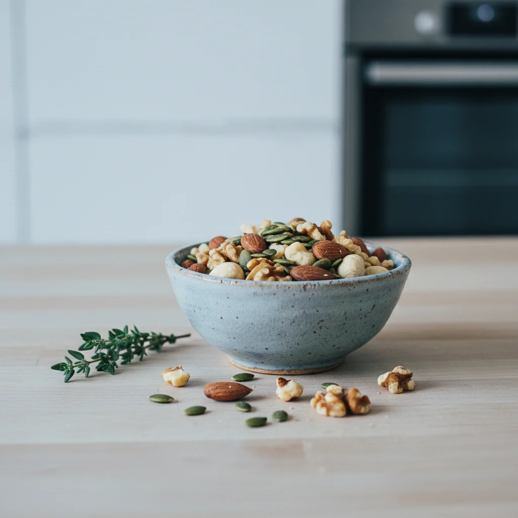 Assorted almonds, pumpkin seeds and dark leafy greens in small ceramic bowls on a wooden table - Magnesium-rich ingredients