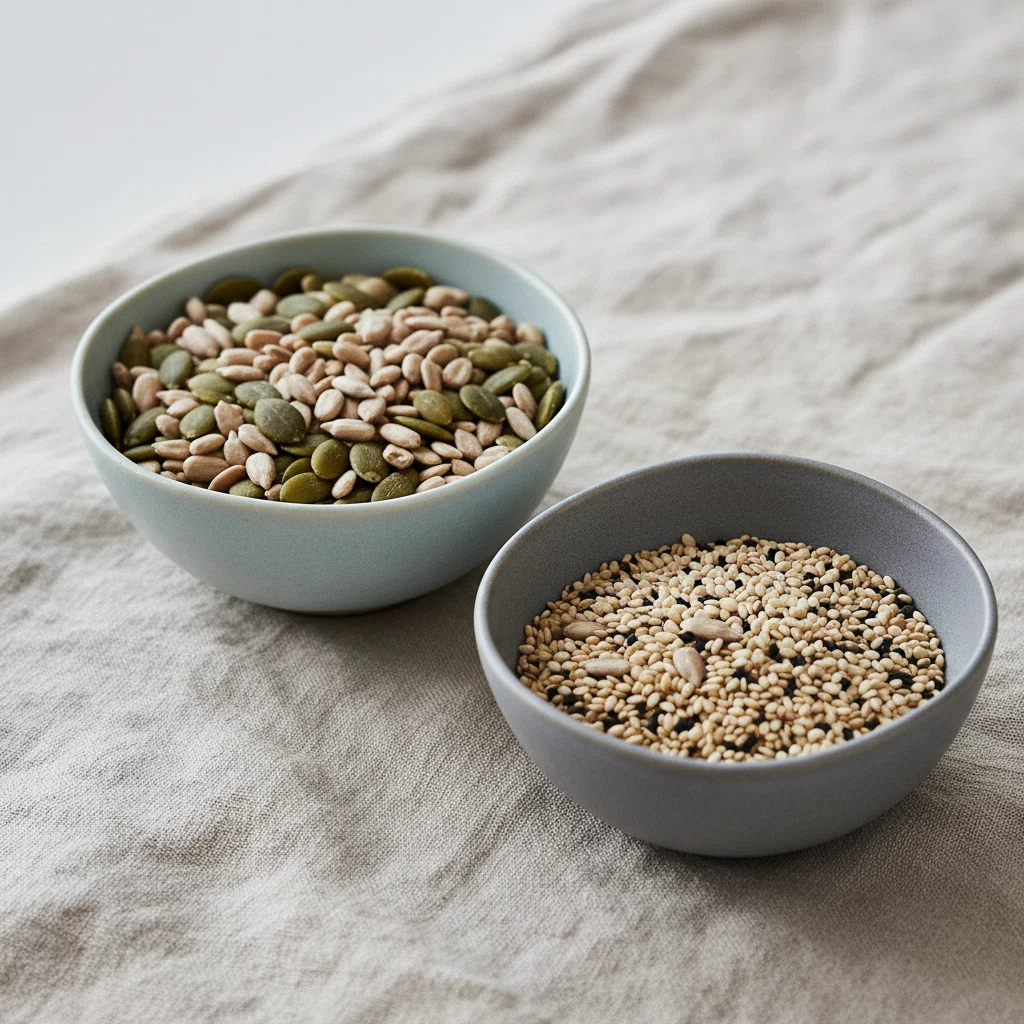 Close-up of mixed seeds including pumpkin, sunflower and sesame in small ceramic dishes on a neutral background - Zinc ingredient imagery
