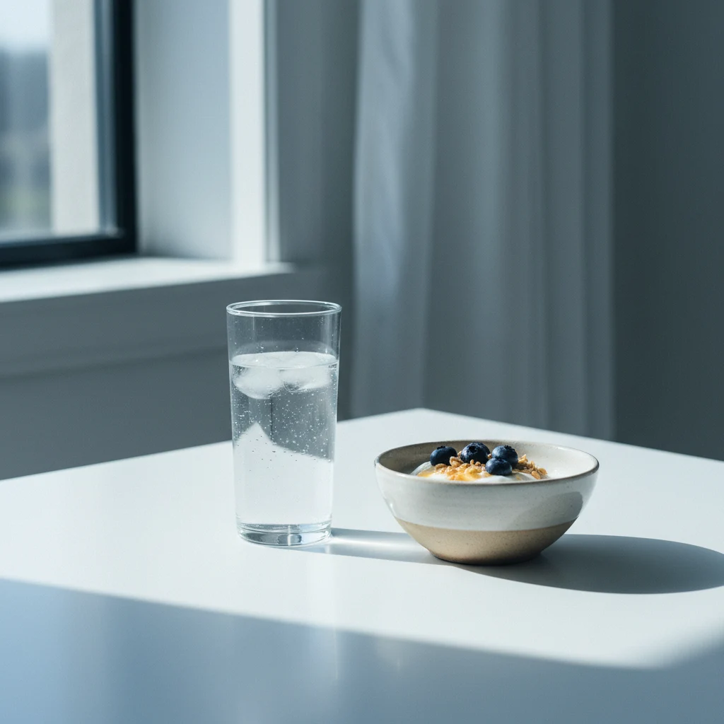 A glass of water and a light breakfast on a bright kitchen table in the morning - lifestyle scene for KalaCore Daily Care daily routine