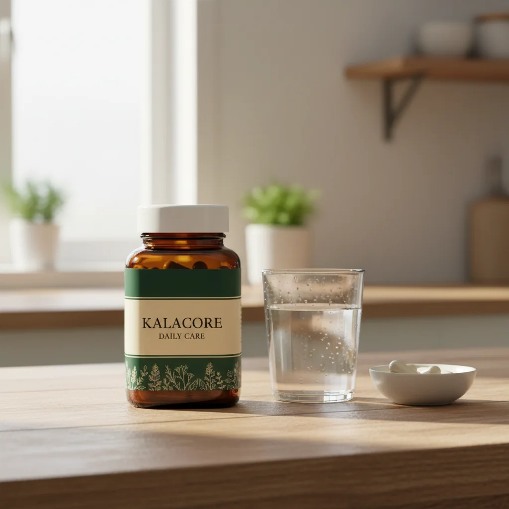 KalaCore Daily Care amber glass supplement jar on a kitchen table next to a glass of water and a bowl of nuts